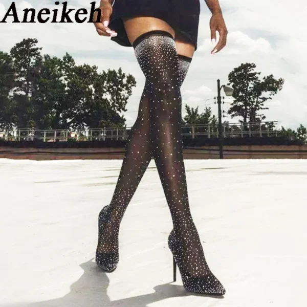 Aneikeh Sexy High Heels Sock Over-the-Knee Boots Pointed Toe Design Crystal Rhinestone Stretch