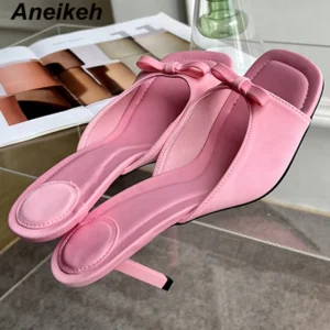 Aneikeh Slipper Mules Low High Heels Shoes 2024 Summer Best Street Look Females Square Head Open Toe