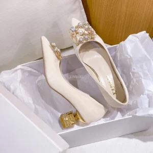 Autumn New Ladies High Heels Pointed Toe Shaped Heel High 5cm and 7cm Wedding Shoes Square Buckle