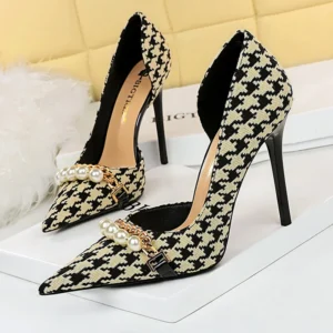 BIGTREE Shoes 2023 Spring Women Pumps Pearl Metal Chain High-heels Checked Grain Stilettos Women