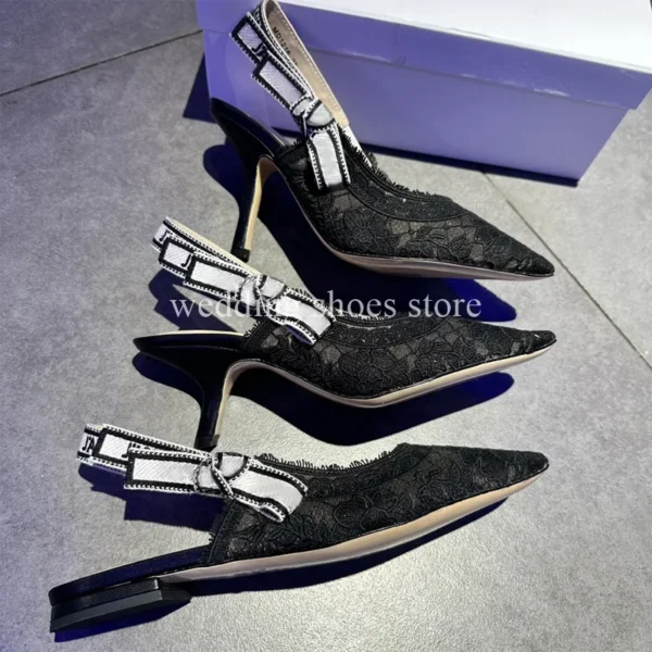 Black Lace Embroidered Knitted Strap High Heels Sexy Bowknot Ankle Strap Women Pointy Low Heels