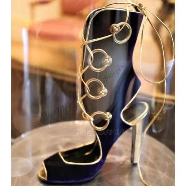 Blue Hollow Circle Design Peep Toe Sandals Boots Back Strap Women Shoes Thin High Heels Fashion