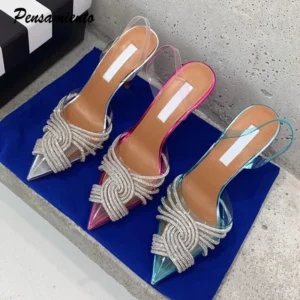 Brand 10cm Thin High heels Women Sandals Fashion Transparent PVC Rhinestone Slingbacks Gladiator