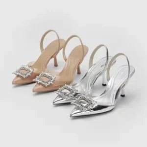 Brand Designer Silver High Heels Sandals Women 2023 Summer Crystal Square Buckle Sandals Woman