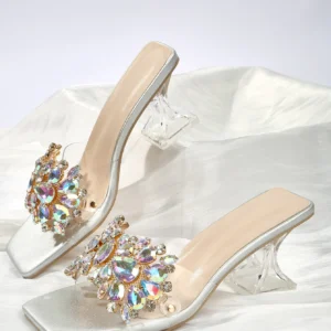 Bright Silver Summer Transparent Crystal Half Trailer High Heel Sandals with Thick Heels and Large