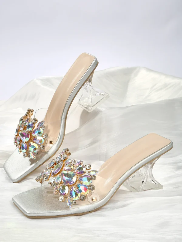 Bright Silver Summer Transparent Crystal Half Trailer High Heel Sandals with Thick Heels and Large