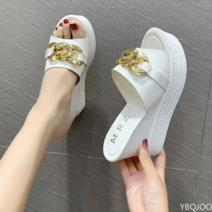 Chain High Heels Slippers Women Wedding Shoes Summer 2022 White Black Platform Wedges Slides Ladies