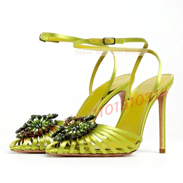 Crystal Flower Satin Caged Sandals Women Luxury Hollow Pointy Toe Stiletto High Heels Female Elegant