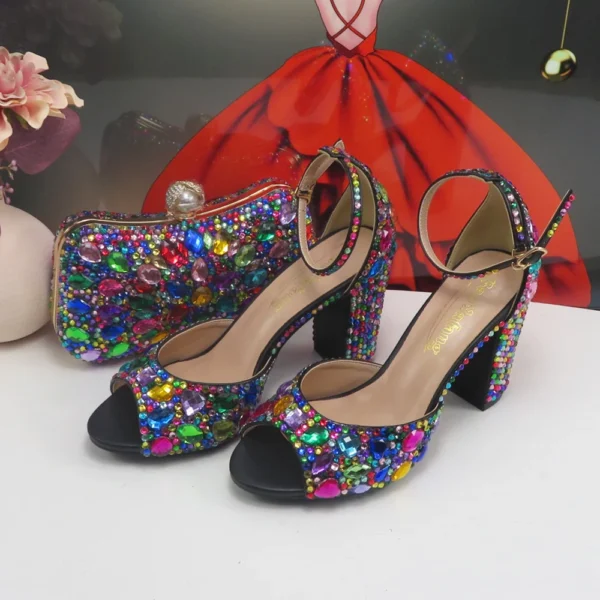 Customized Women wedding shoes with matching bags Multicolored Crystal Thick High heels Ladies Party