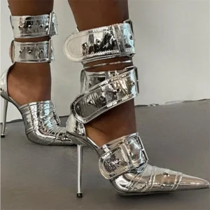 Denim Metal Rivet Buckle Silver Sandals Women's Sexy Punk Style Pointed Metal Hollow 12cm High Heels