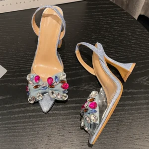 Eilyken Fashion Denim Bowknot Crystal Pumps Sexy Pointed Toe High Heel Women Sandals Prom Party