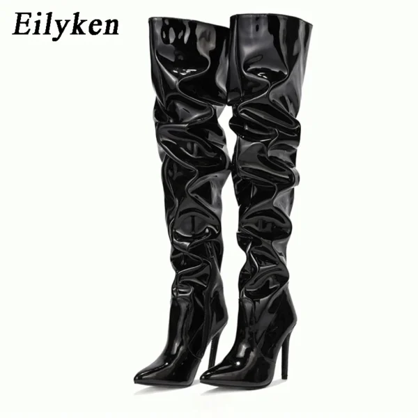 Eilyken Red Women Over The Knee Boots High Heels Patent Leather Solid Pointed Toe Stiletto Side