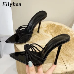 Eilyken Sexy High Heels Slipper For Women Summer Fashion CRYSTAL Narrow Band Pointed Toe Slides