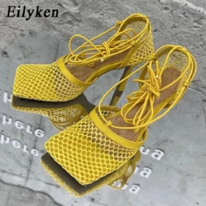 Eilyken Sexy Mesh Pumps Sandals Female Square Toe High Heel Lace Up Cross-Tied Stiletto Hollow Dress