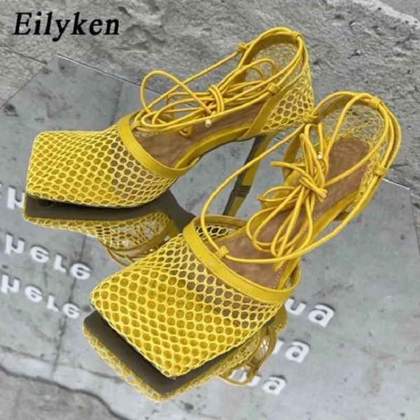 Eilyken Sexy Mesh Pumps Sandals Female Square Toe High Heel Lace Up Cross-Tied Stiletto Hollow Dress