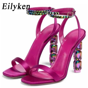 Eilyken Summer Crystal Embellished High Heel Sandals Women Diamond Open Toe Ankle Strap Silk Satin