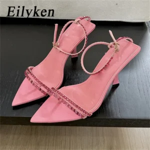 Eilyken Summer Sexy Crystal Narrow Band Buckle Strap Women Sandals Pointed Toe High Heels Banquet