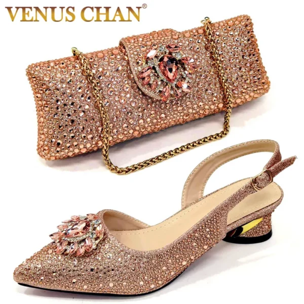 Elegant And Sexy Champagne Color High Heels Shoes And Bag With Rhinestone Embellished Toe Is