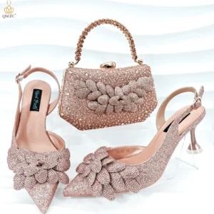 Elegant And Sexy Peach Color High Heels Shoes And Bag With Rhinestone Embellished Toe Is Comfortable