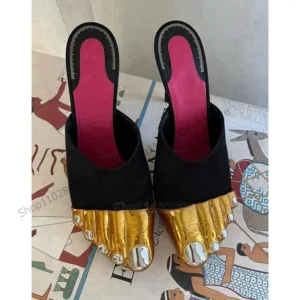 Gold Five Fingers Black Flock Runway Slippers Slip On Women Shoes Thin High Heels Fashion Party