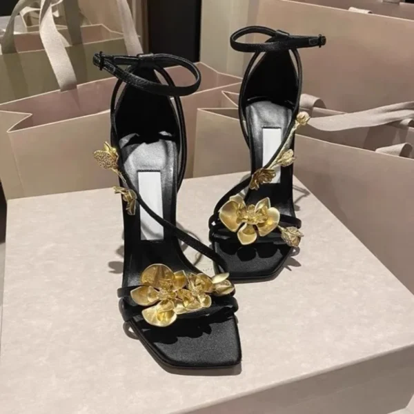 Golden Flowers Elegant Woman Heels for Womens High-heeled Sandals Women's Shoes Elegant Heel Luxury