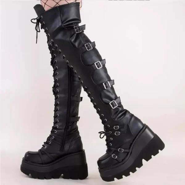 Gothic Thigh High Boots Women Platform Wedges Motorcycle Boot Over The Knee Army Stripper Heels Punk