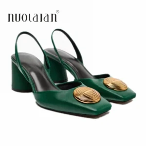 Green High Heels For Women 2024 Fashion Squared Toe Leather Slingbacks Pumps Elegant Lady Heeled