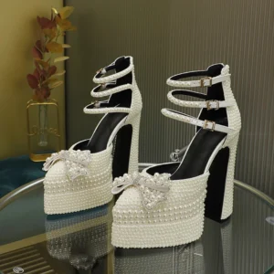 Hand Inlaid Pearl/rhinestone High Heel Sandals Wedding Bridal Party Chunky Heel Platform Bow Sandals