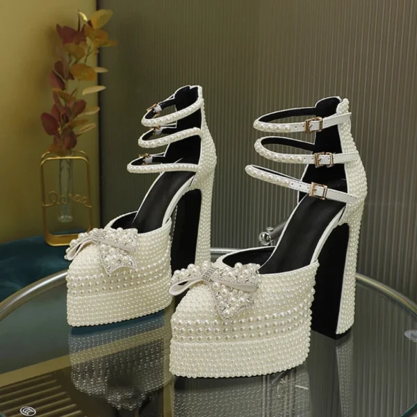 Hand Inlaid Pearl/rhinestone High Heel Sandals Wedding Bridal Party Chunky Heel Platform Bow Sandals