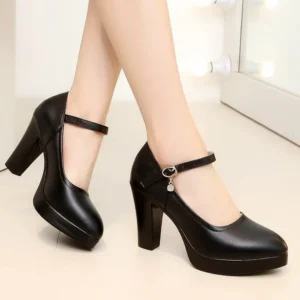 High Heels Platform Pumps Mujer 2022 Spring New Fashion Buckle Solid Black Shoes Woman PU Leather