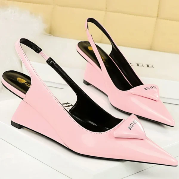 Korean version Fashion Patent Leather Shallow Pointed Toe Hollow Back Strap 6.5cm High Heels Wedges