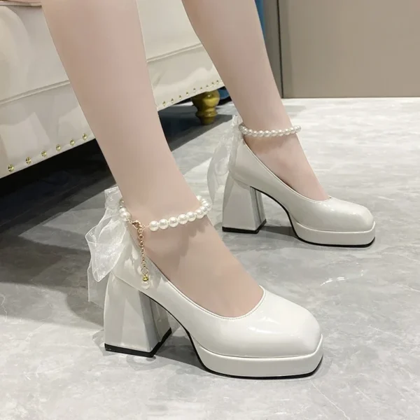 Ladies High Heels Elegant Bow Square Toe Black Fashion Women's Pumps Thick Heel Wedding Party Pearl