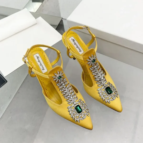 Ladies Wedding Shoes Rhinestone Pointed Toe High Heels Satin Gemstone Stiletto Sandals 2022 New