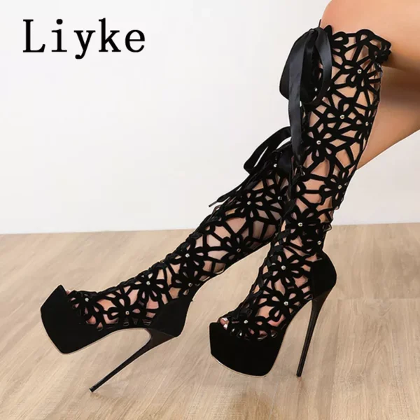 Liyke 16CM Ultra Thin High Heels Sexy Nightclub Hollow Out Over The Knee Boots Women Peep Toe