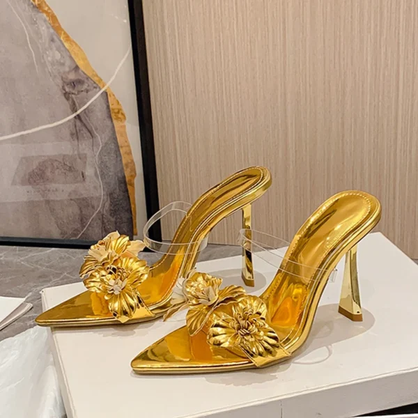 Liyke 2024 New Design Leather Flowers Pointed Toe Thin High Heels Modern Slippers Women Sandals