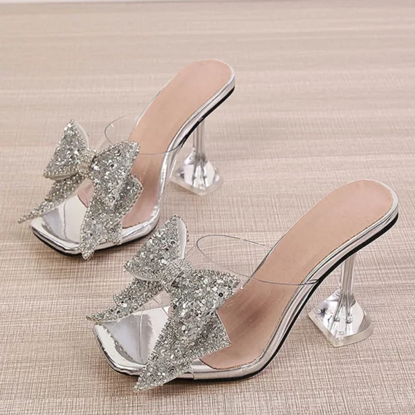 Liyke 2024 New Transparent Slippers For Women Fashion Silver Crystal Bowknot High Heels Female Mules