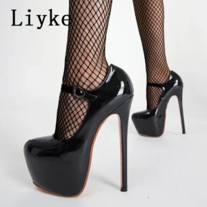 Liyke 2024 Spring Autumn Women Platform Pumps Black Round Toe Buckle Strap 17CM Super High Heels