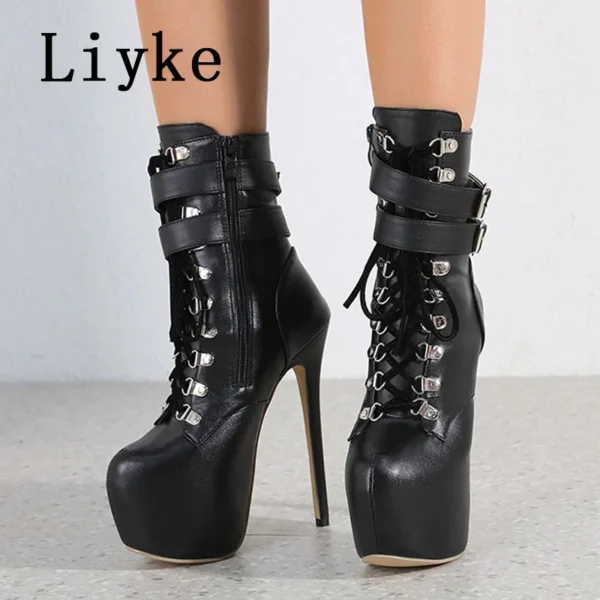 Liyke Autumn Winter Platform Boots For Women Sexy Round Toe Buckle Strap Pole Dance High Heels Pumps