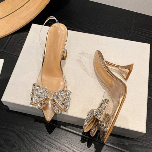 Liyke PVC Transparent Women Pumps Sexy Crystal Bowknot Pointed Toe Slingback High Heels Mules