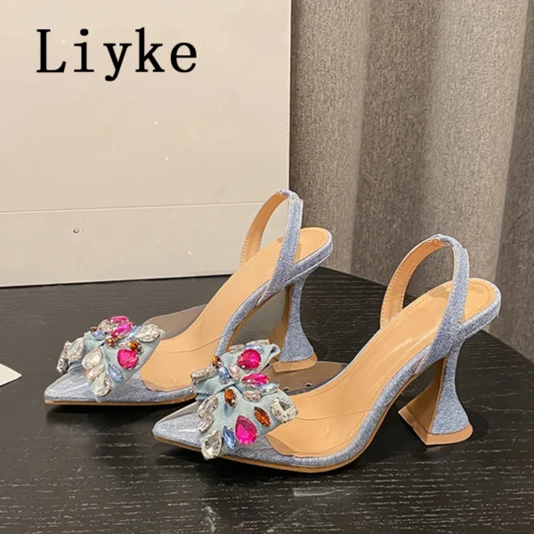 Liyke Strange Style Blue High Heels Mules Sandals Summer Fashion Crystal Denim Bowknot Pointed Toe