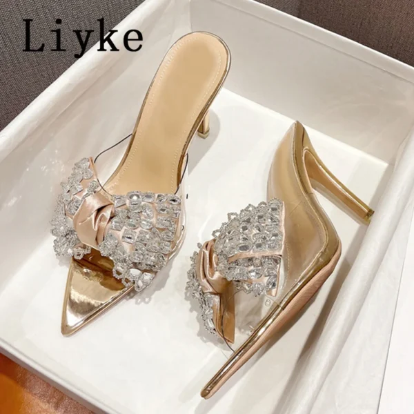 Liyke Thin High Heels Women Slippers Fashion Crystal Bowknot PVC Transparent Sandals Sexy Pointed