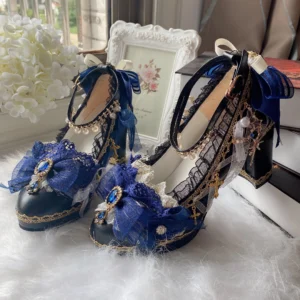 Lolita Hand Made Flower Wedding Dress Shoes Flower Tea Party Black Thick High Heels 6cm Vintage