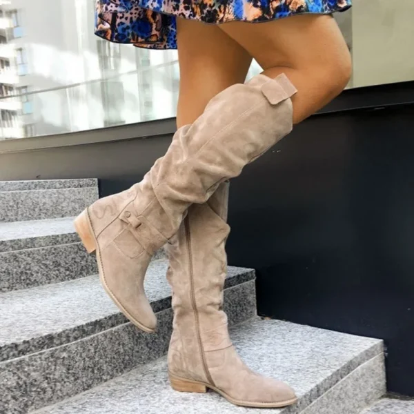 Low Heel Side Zip Size 43 Suede Thigh High Women's Boots Retro Woman Booties Autumn Winter Knee High