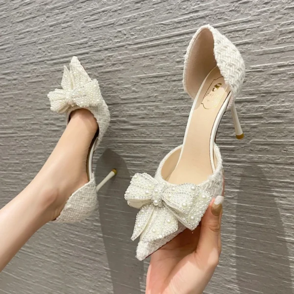 Luxury Pearl Crystal Bowtie White Wedding Shoes Women 2024 Spring Brand Designer High Heels Pumps