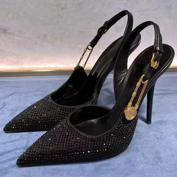 Luxury Rhinestones Sequined Buckle Women Pumps Elegant Pointed toe Slingbacks Stiletto High heels