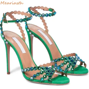 Meariasth Clear PVC Crystal Sandals Blue Peep Toe Buckle Strap Thin High Heels Sandals Woman Summer