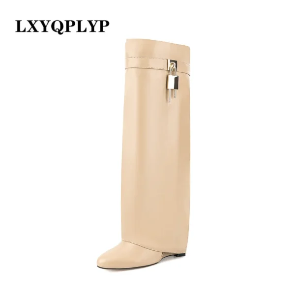 New Designer Fashion Brand Women's Knee Boots Thick Sole High Heel Boots Zipper Wedge Heel Large