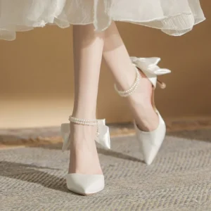 New Women Thin Heel Hollow Sandals Woman Pearl Butterfly Pointed Toe High Heels Womens Shoe Wedding