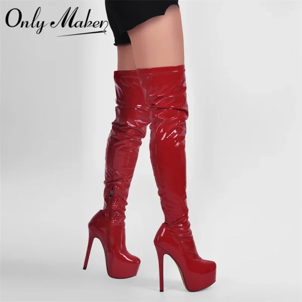 Onlymaker Women Platform Over The Knee Boots Red Patent Leather Thin High Heel Side Zipper Handmade