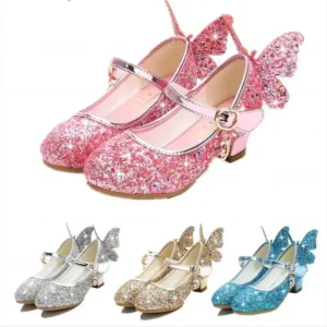 Princess Butterfly Leather Shoes Kids Diamond Bowknot High Heel Children Girl Dance Glitter Shoes